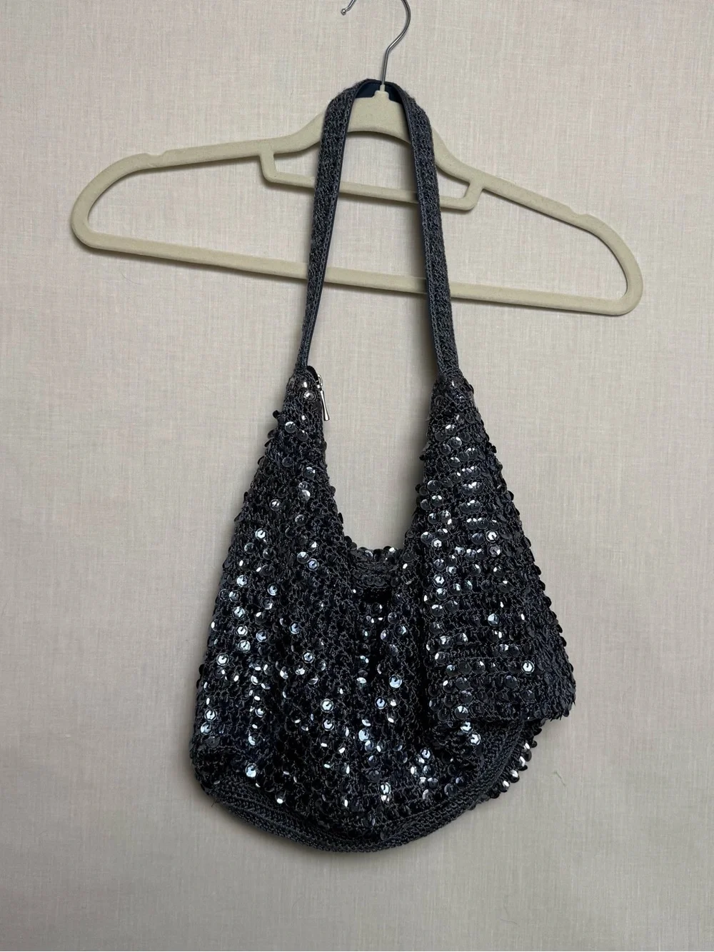 Y2K Style Sequin Crochet Hobo Bag Gray Silver Shoulder Purse Zip Lined